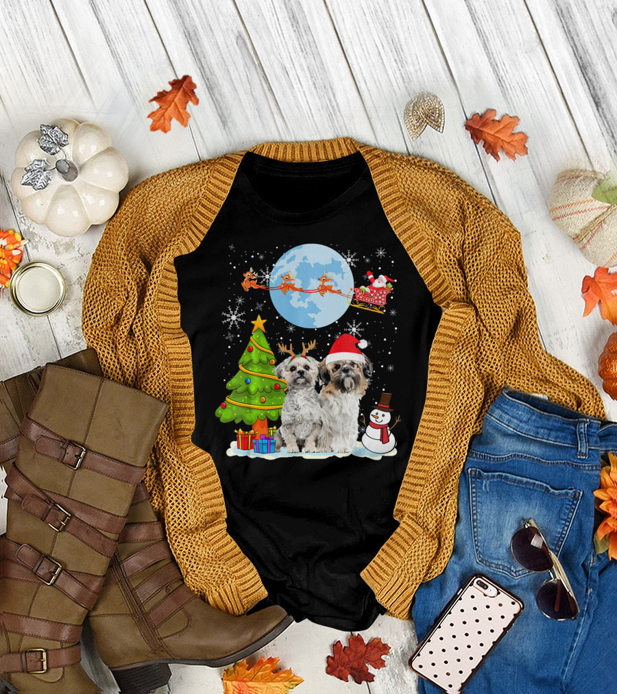 Funny Shih Tzu Christmas Santa Reindeer Moon Dog with Tree Snowman T-Shirt