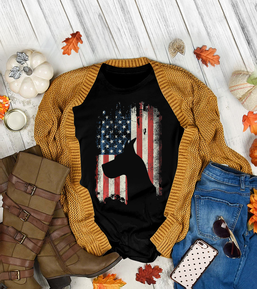 Great Dane Silhouette with American Flag USA Patriotic T-Shirt