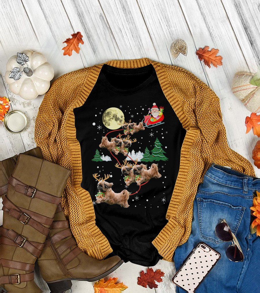 Funny Shih Tzu Reindeer Santa Sleigh Christmas Moon Snowflakes Pine Trees T-Shirt