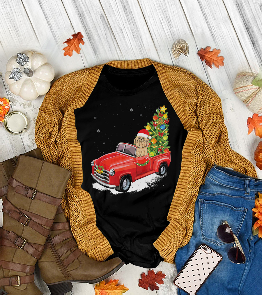 Maltese Merry Christmas Dog in Red Truck with Christmas Tree T-Shirt