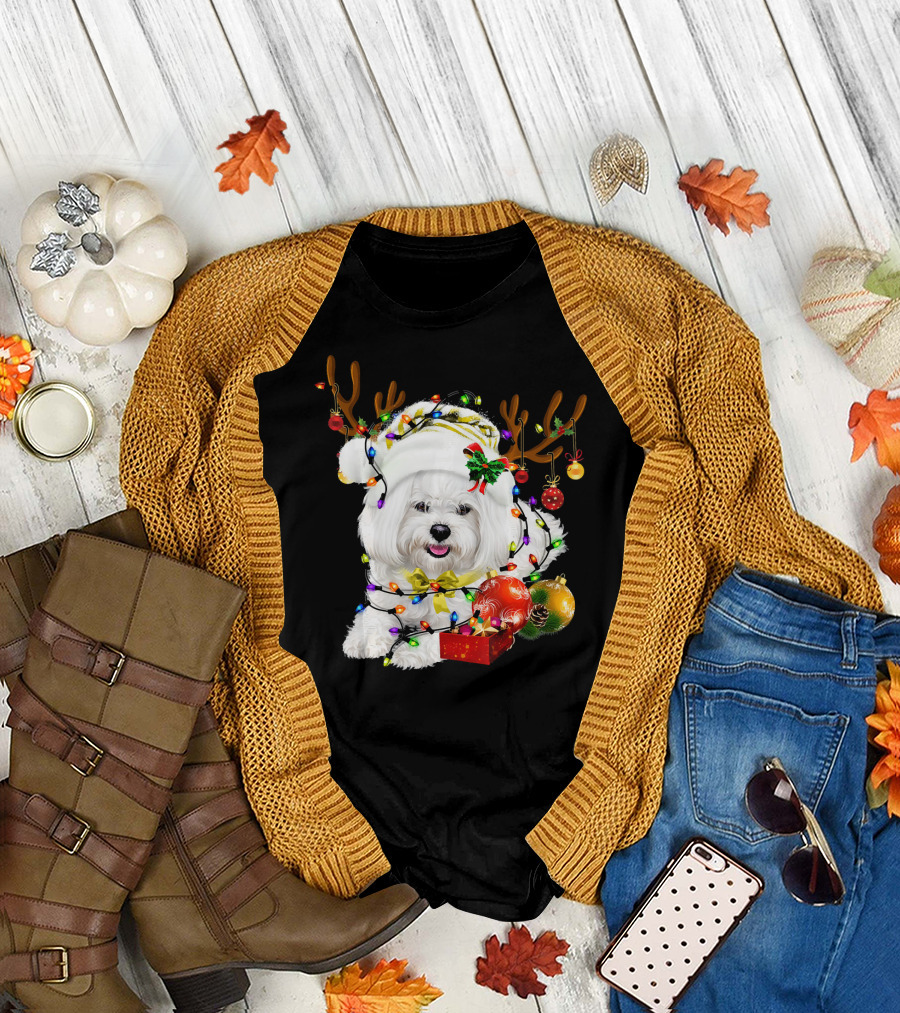 Funny Maltese Christmas Reindeer with Lights and Ornaments T-Shirt