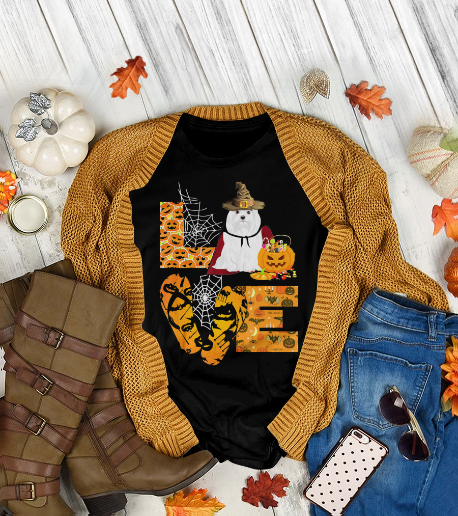 LOVE Maltese Halloween Pumpkin Candy T-Shirt