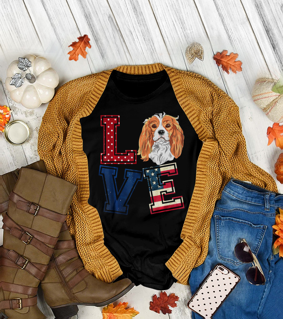 LOVE Cavalier King Charles Spaniel Face with Polka Dot and American Flag Letters T-Shirt