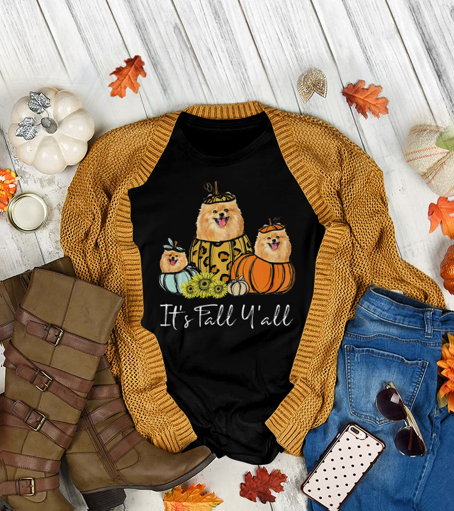 It's Fall Y'all Pomeranian Dogs Pumpkins Sunflowers T-Shirt