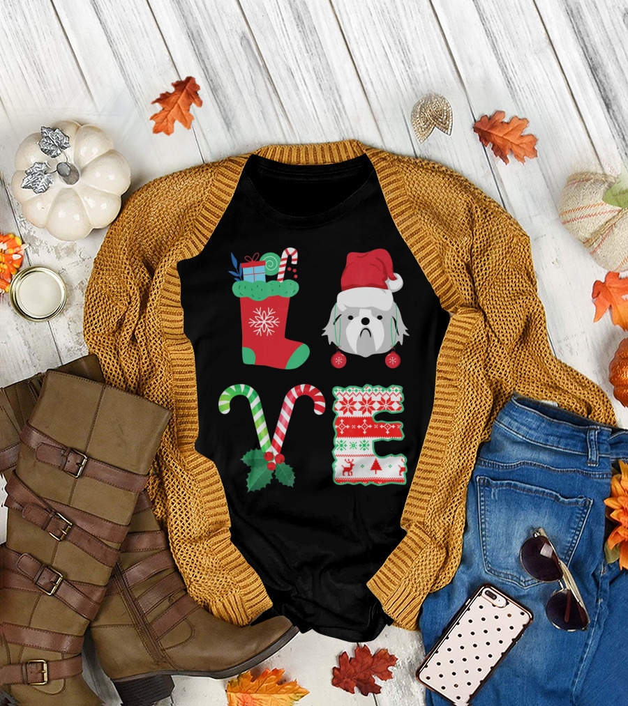 I Love My Shih Tzu Christmas Dog Candy Cane Stocking Santa Hat T-Shirt