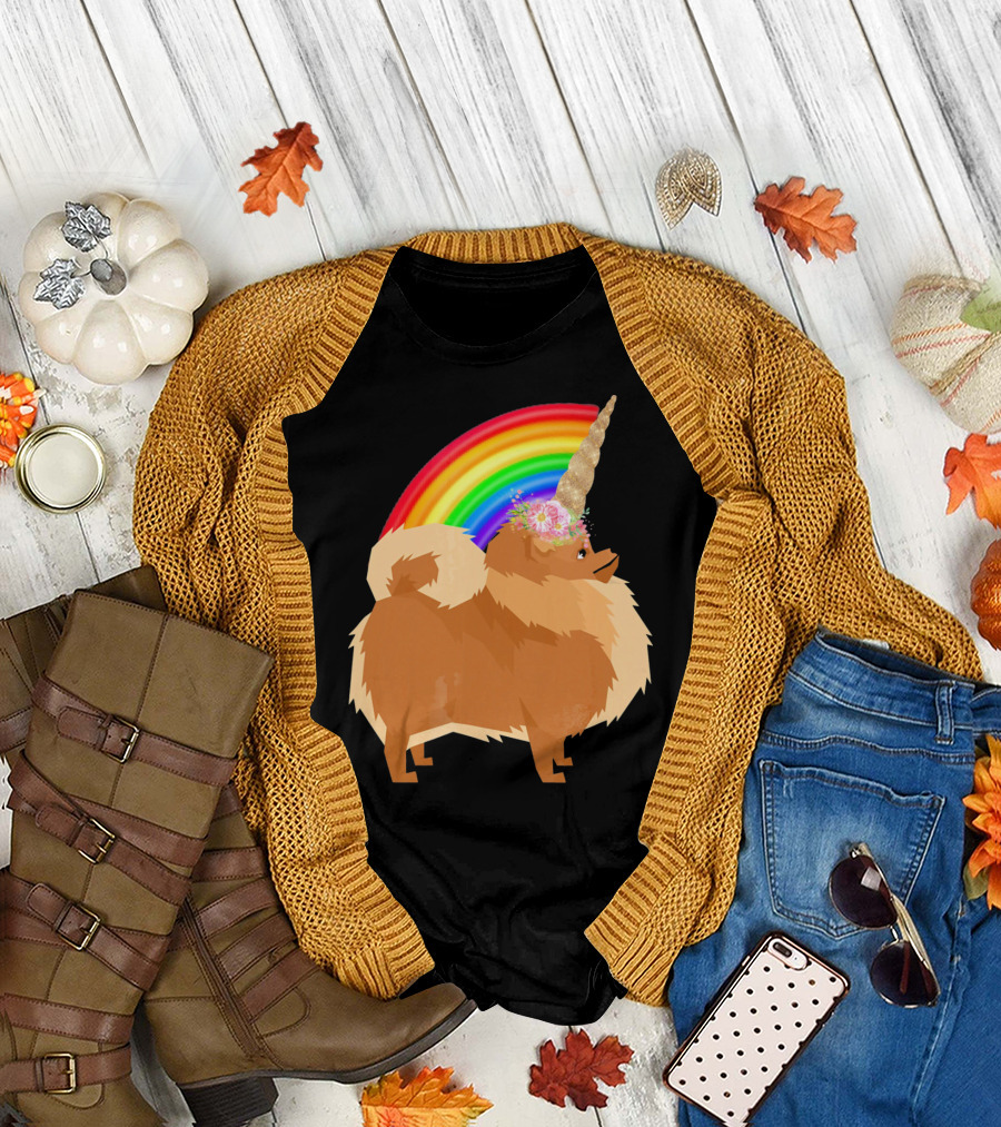 Pomeranian Dog with Rainbow Unicorn Horn and Flowers T-Shirt