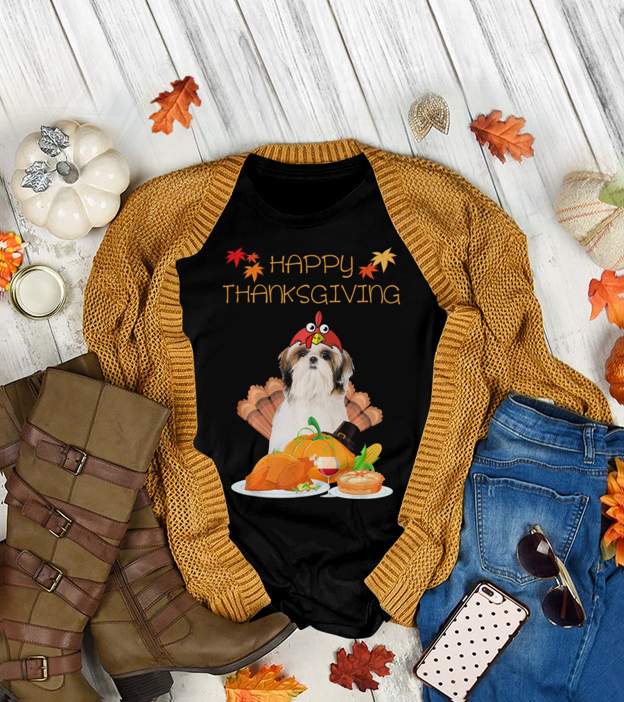 Happy Thanksgiving Shih Tzu with Turkey and Fall Harvest T-Shirt