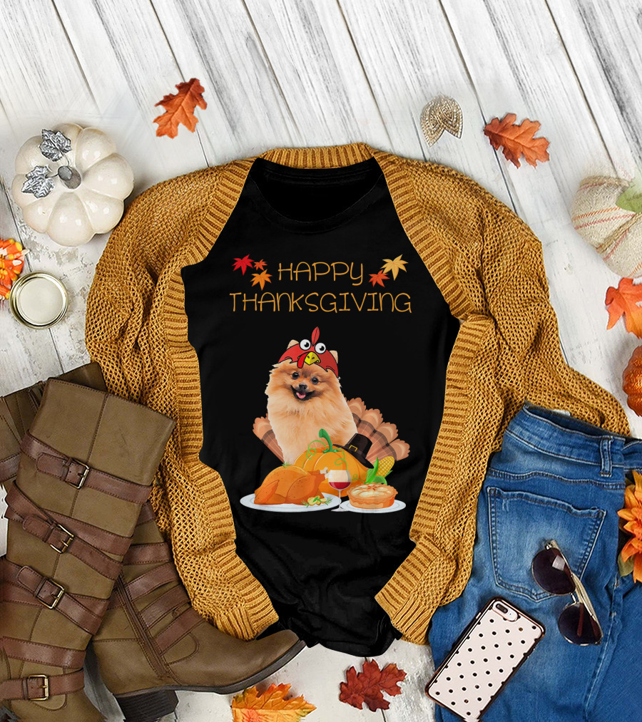 Pomeranian Happy Thanksgiving Turkey Hat Leaves Pumpkin Pie Turkey Feast T-Shirt
