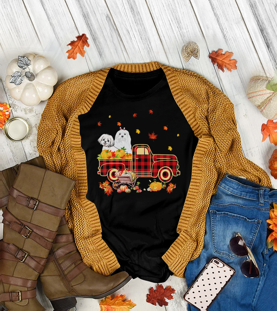 Maltese Dogs in Plaid Truck with Pumpkins and Fall Leaves T-Shirt