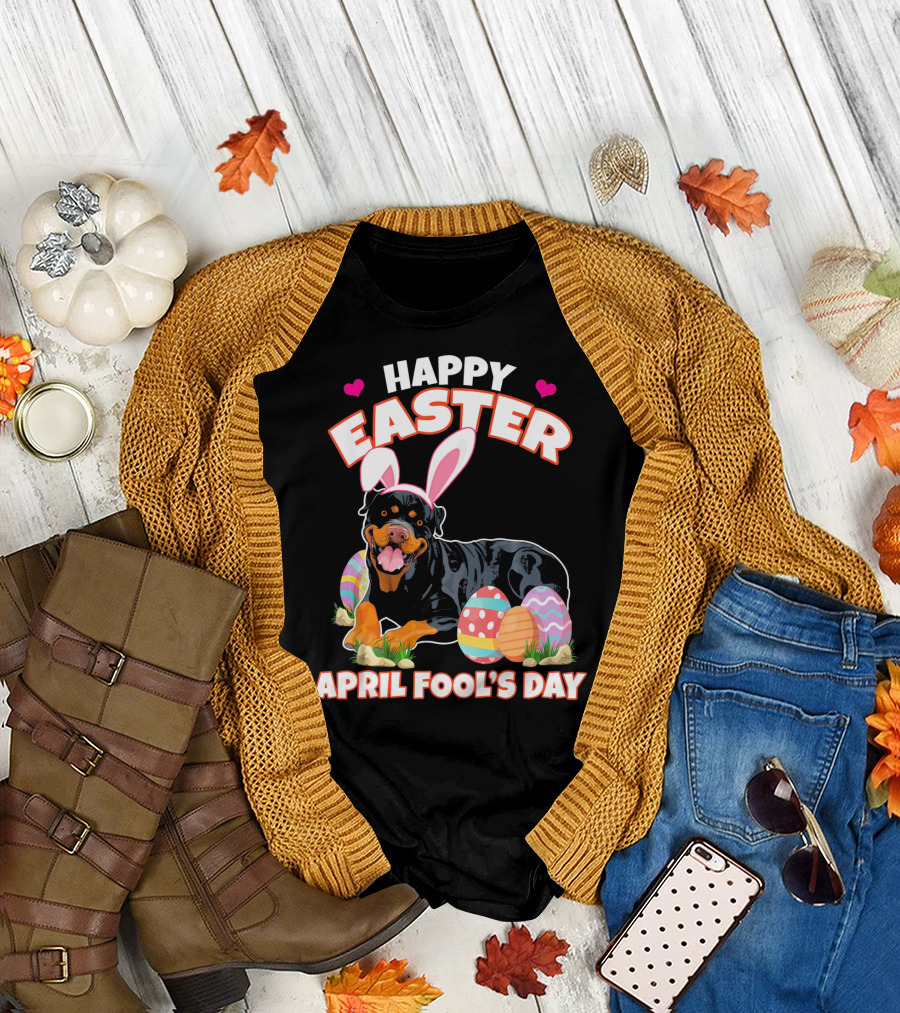 Happy Easter April Fool's Day Rottweiler Bunny Ears and Eggs T-Shirt