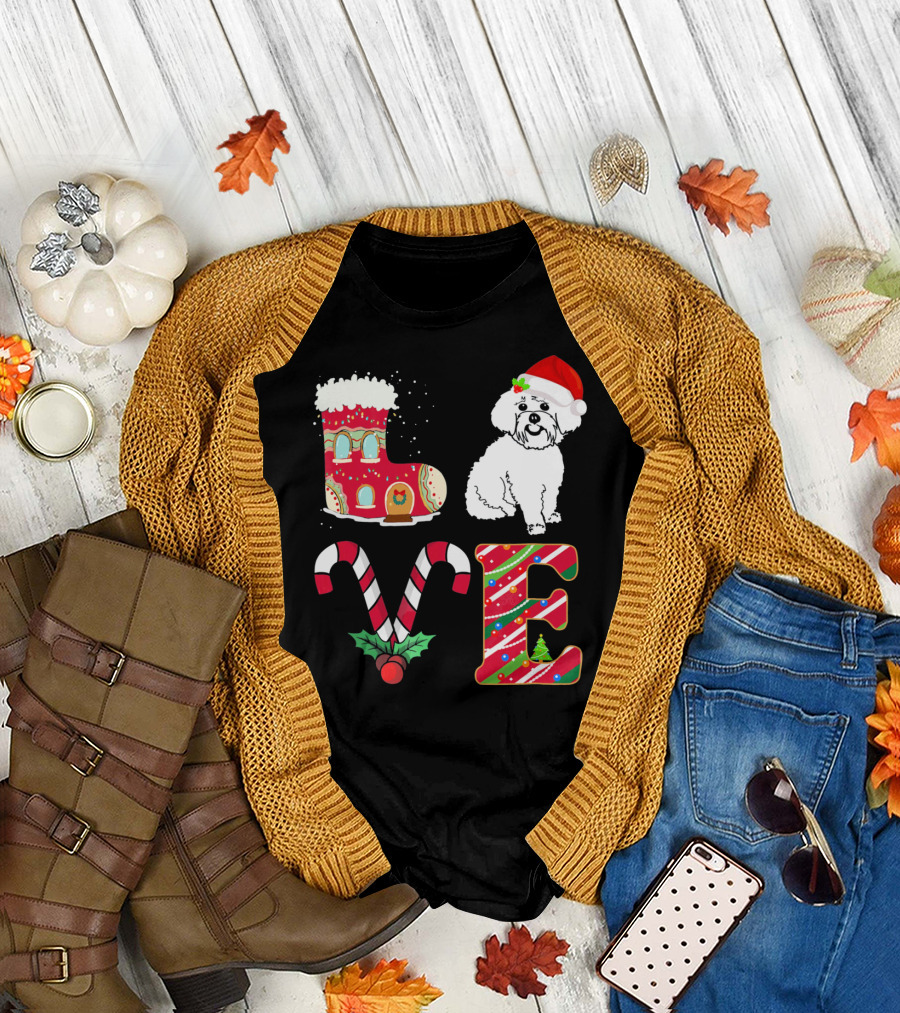 I Love My Maltese Christmas Love Santa Hat Candy Cane Boot T-Shirt