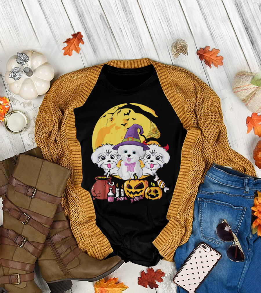 Maltese Dog Witch Halloween Ghost Moon Pumpkins T-Shirt