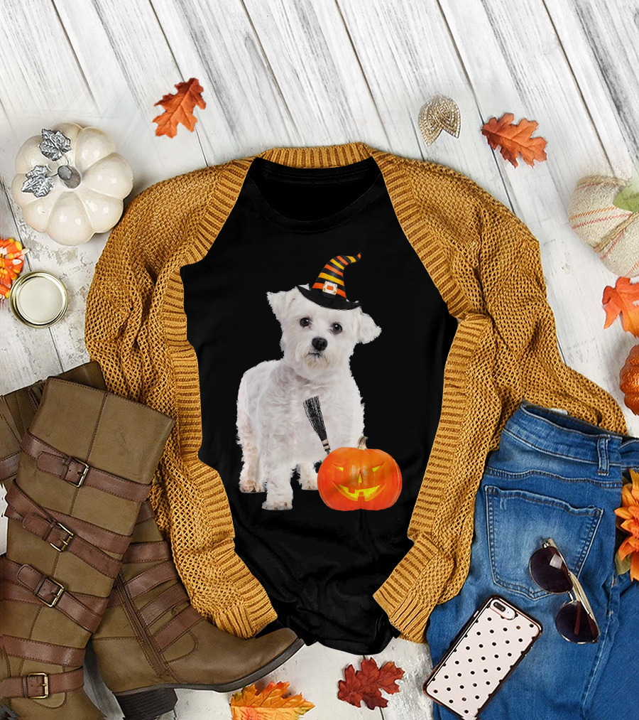 Maltese Dog with Witch Hat and Broomstick with Jack-O'-Lantern Halloween T-Shirt