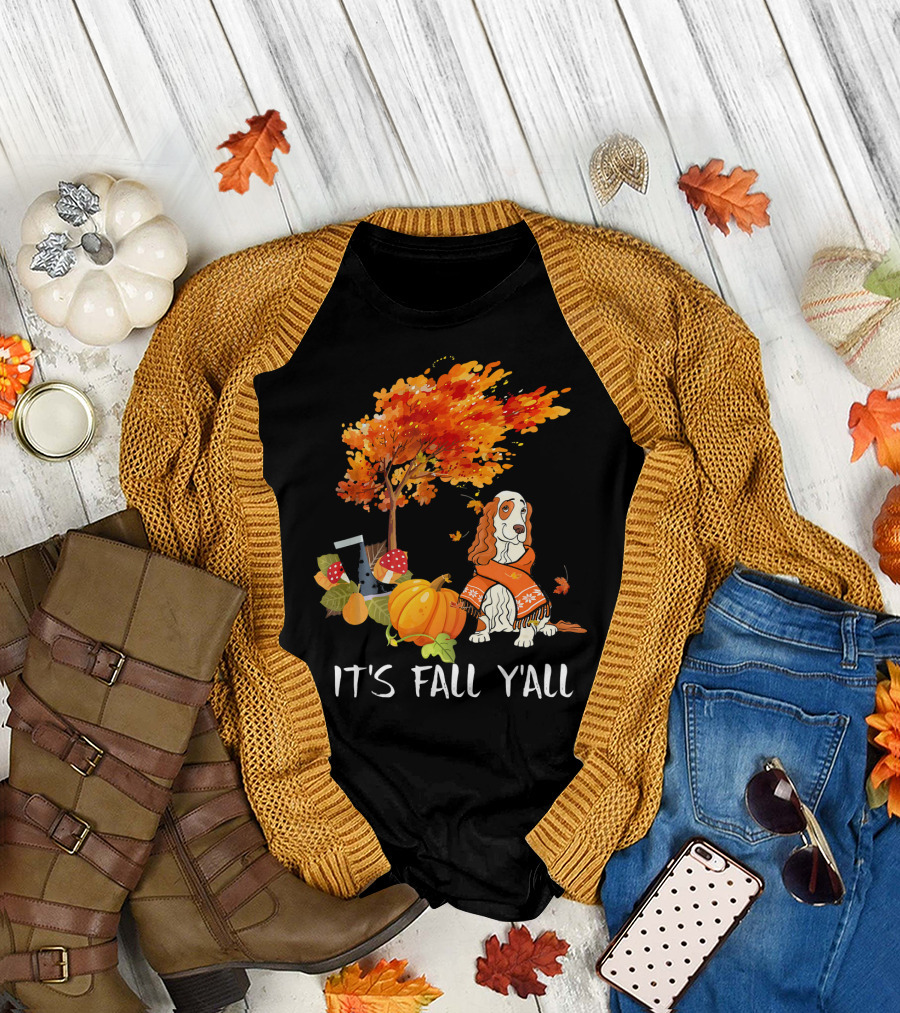 It's Fall Y'all Cocker Spaniel Autumn Pumpkin Leaves T-Shirt