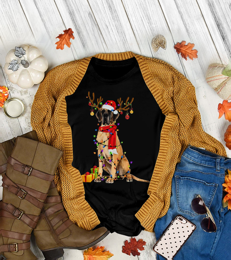 Funny Great Dane in Christmas Lights with Reindeer Antlers and Santa Hat T-Shirt