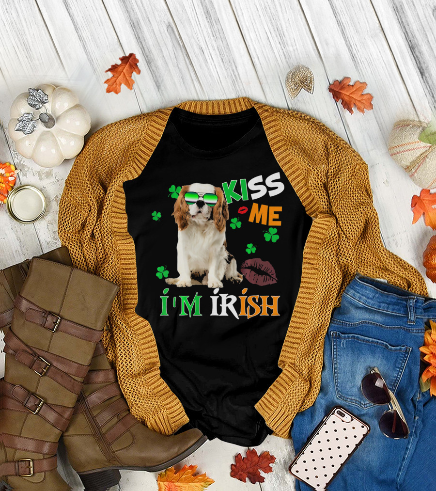 Kiss Me I'm Irish Cavalier Kin with Shamrocks and Sunglasses T-Shirt