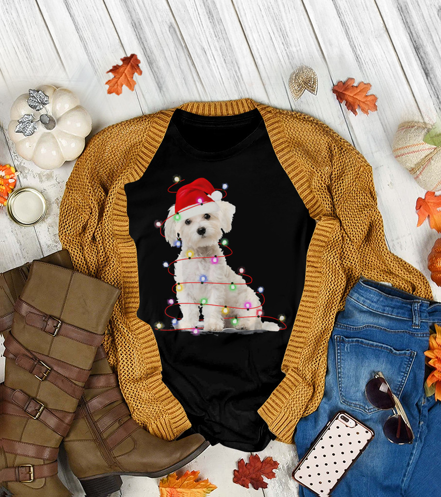 Maltese Christmas Santa Hat Wrapped in Festive Lights T-Shirt