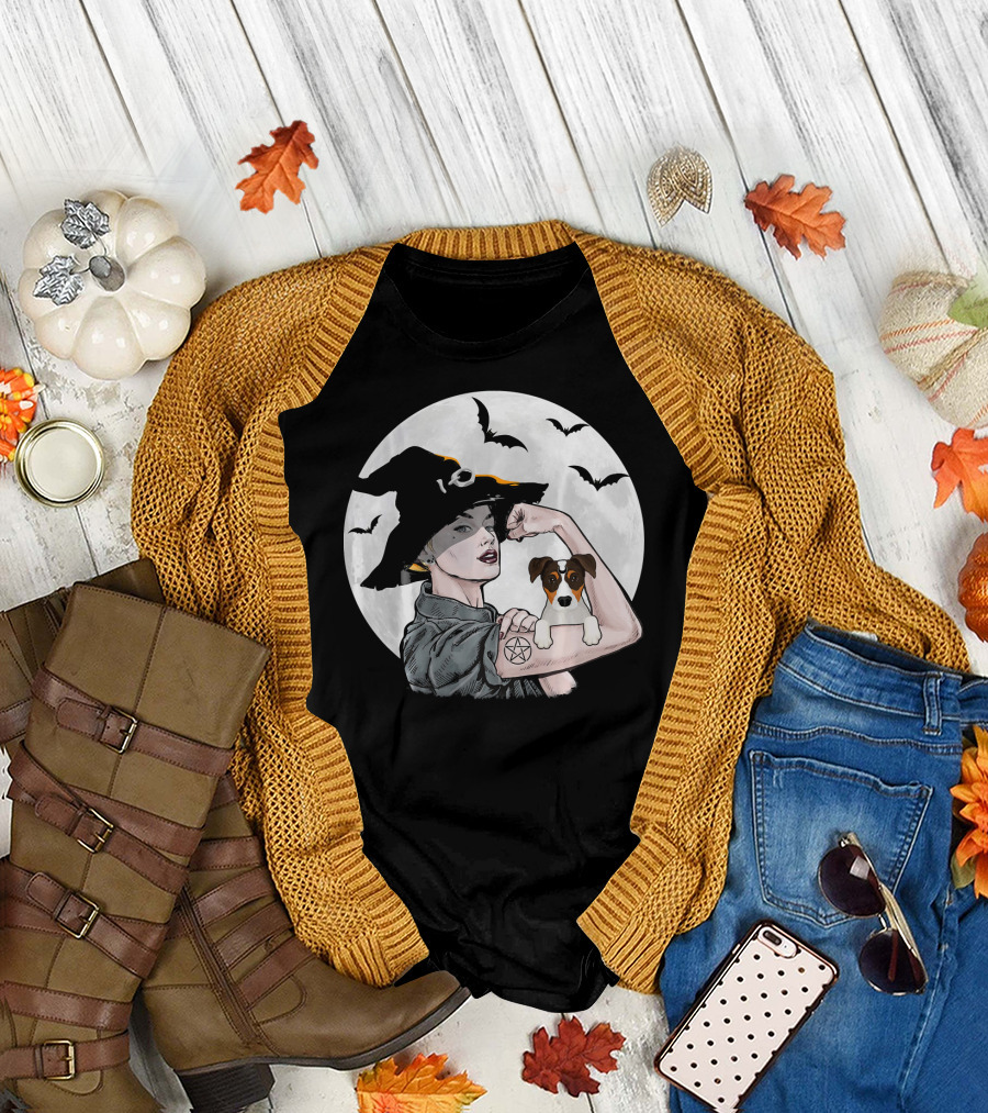 Jack Russell Terrier Dog Mom Witch Flexing with Moon and Bats T-Shirt