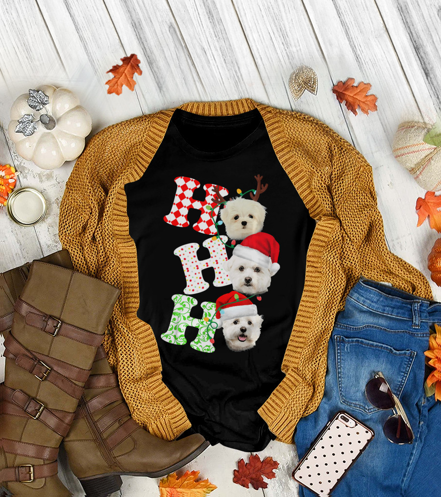 Ho Ho Ho Maltese Santa Hat Christmas Dogs T-Shirt