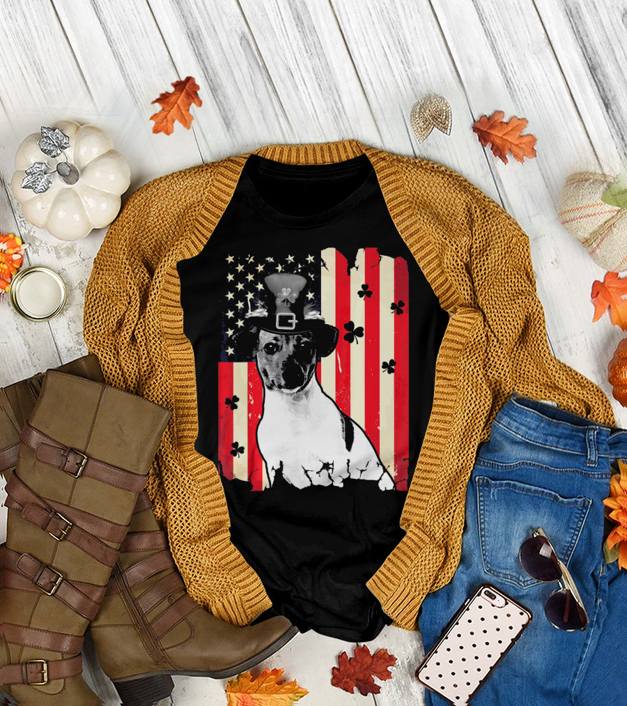 Jack Russell Terrier with Leprechaun Hat and Shamrocks on American Flag St Patrick's Day T-Shirt