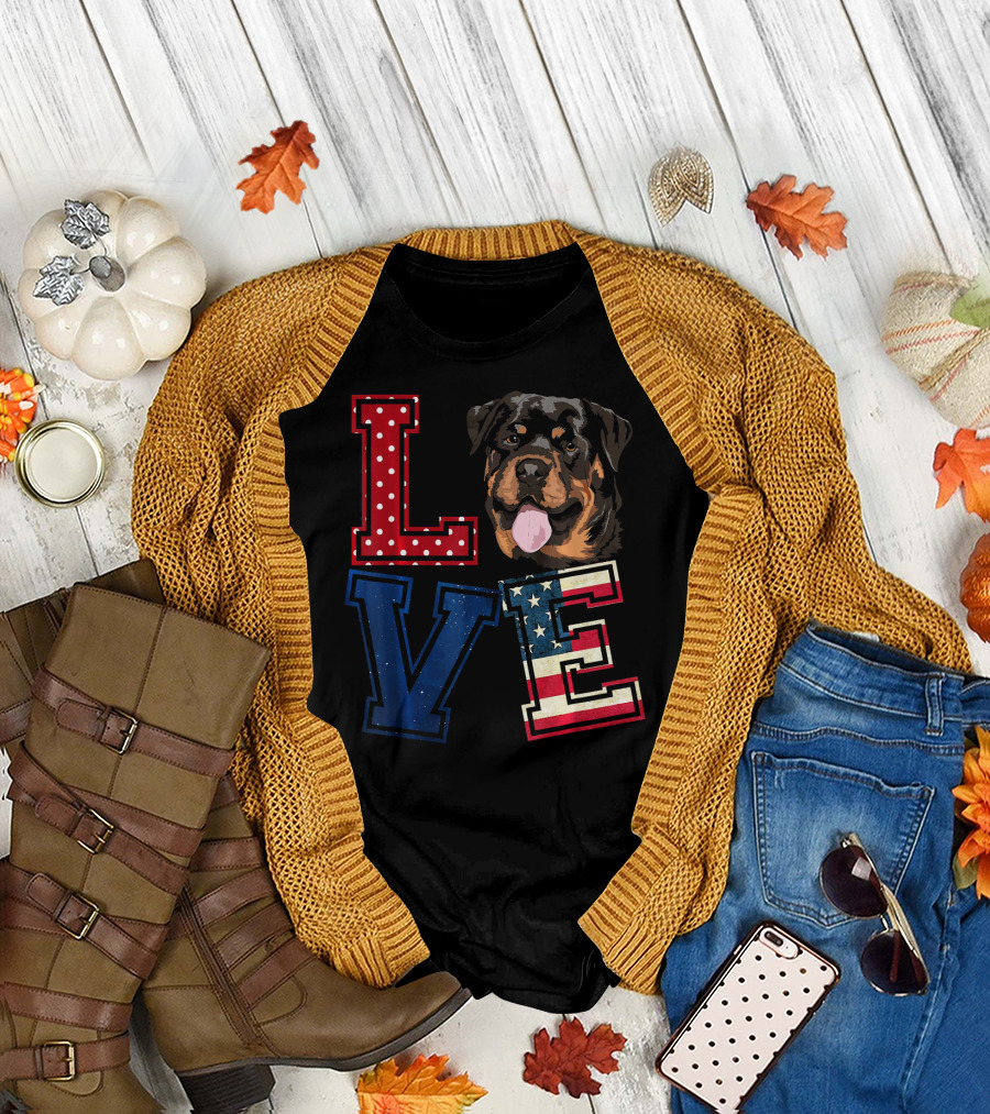 Patriotic American Flag LOVE Rottweiler T-Shirt