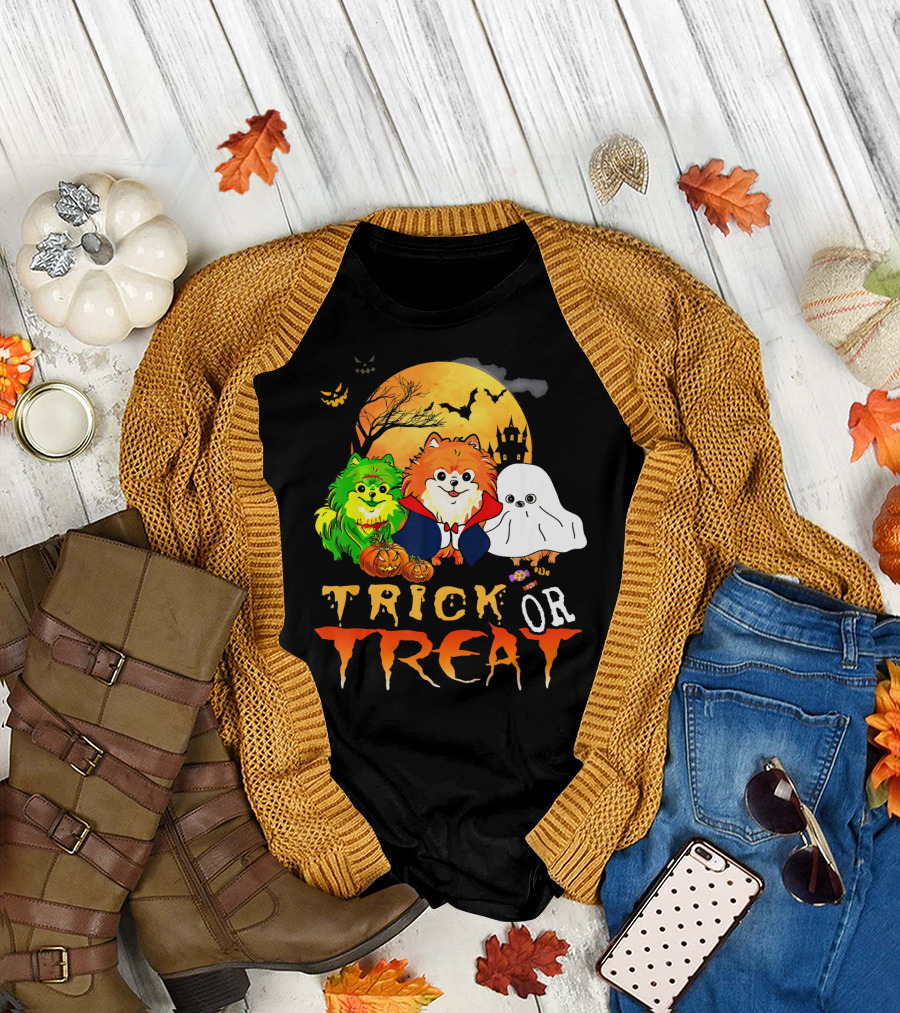 Trick Or Treat Halloween Pomeranian in Costume with Pumpkins and Haunted Castle T-Shirt
