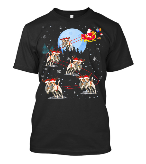Jack Russell Santa Reindeer Under Moonlight Snowflakes T-Shirt