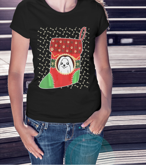 Maltese Dog In Red Green Christmas Stocking With Paw Prints And Bones T-Shirt