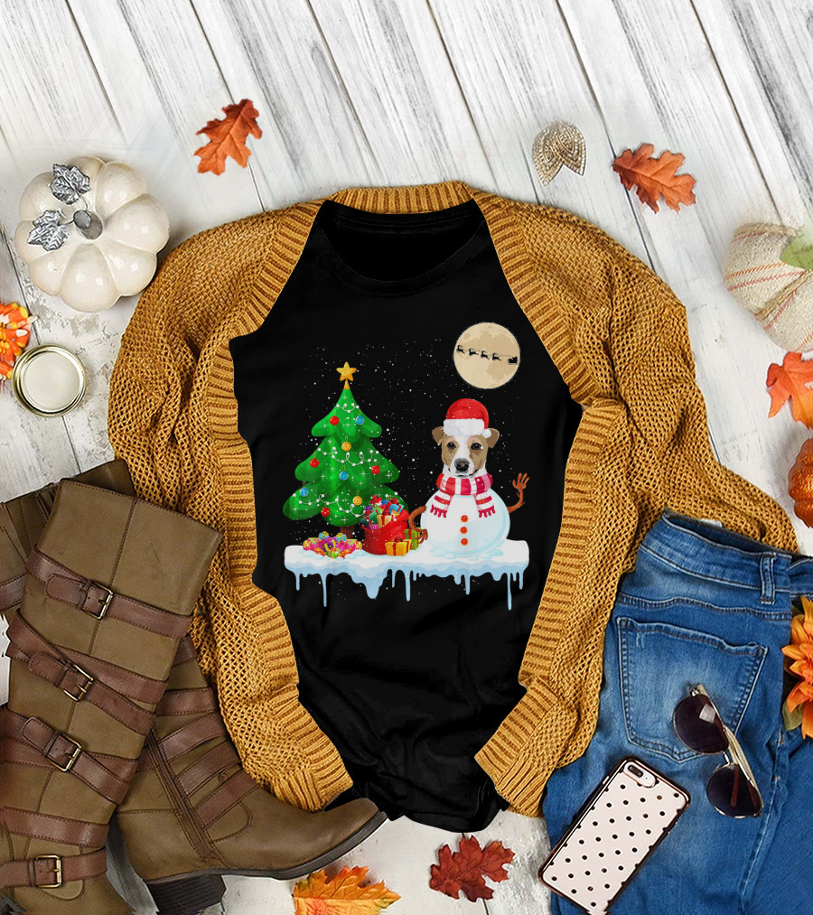 Jack Russell Snowman Costume Funny Chris Christmas Tree Moon Santa Sleigh T-Shirt