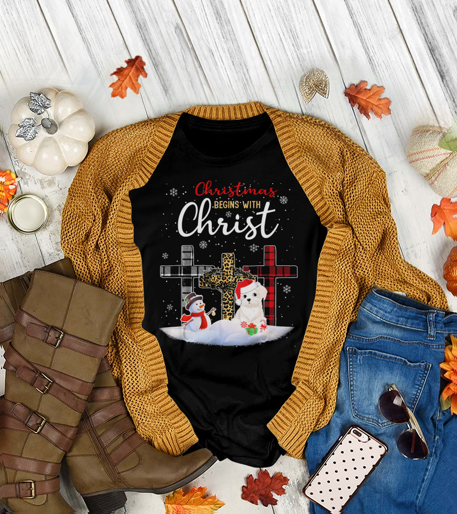 Christmas Begins with Christ Maltese Dog Snowman T-Shirt