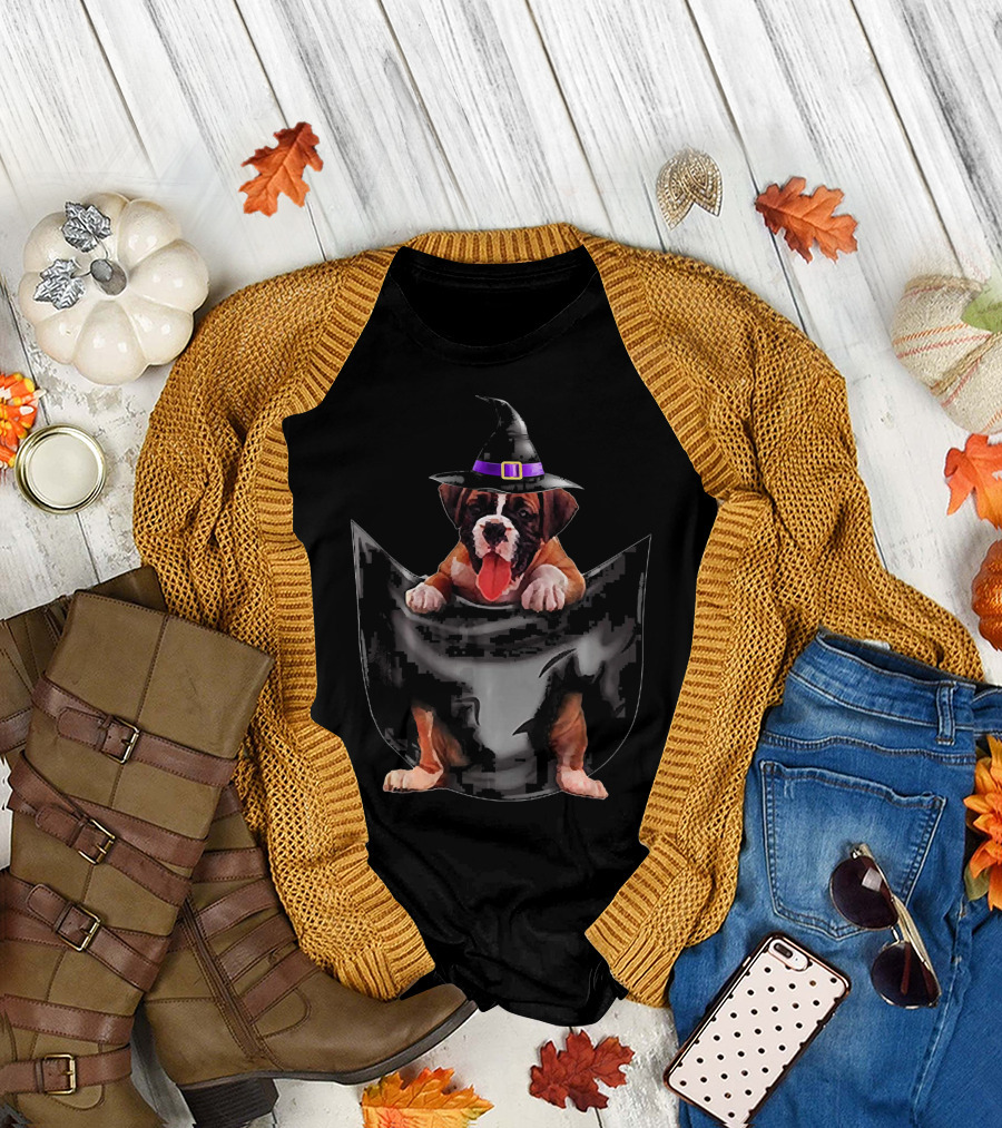 Halloween Boxer Dog in Pocket with Witch Hat Funny Dog T-Shirt
