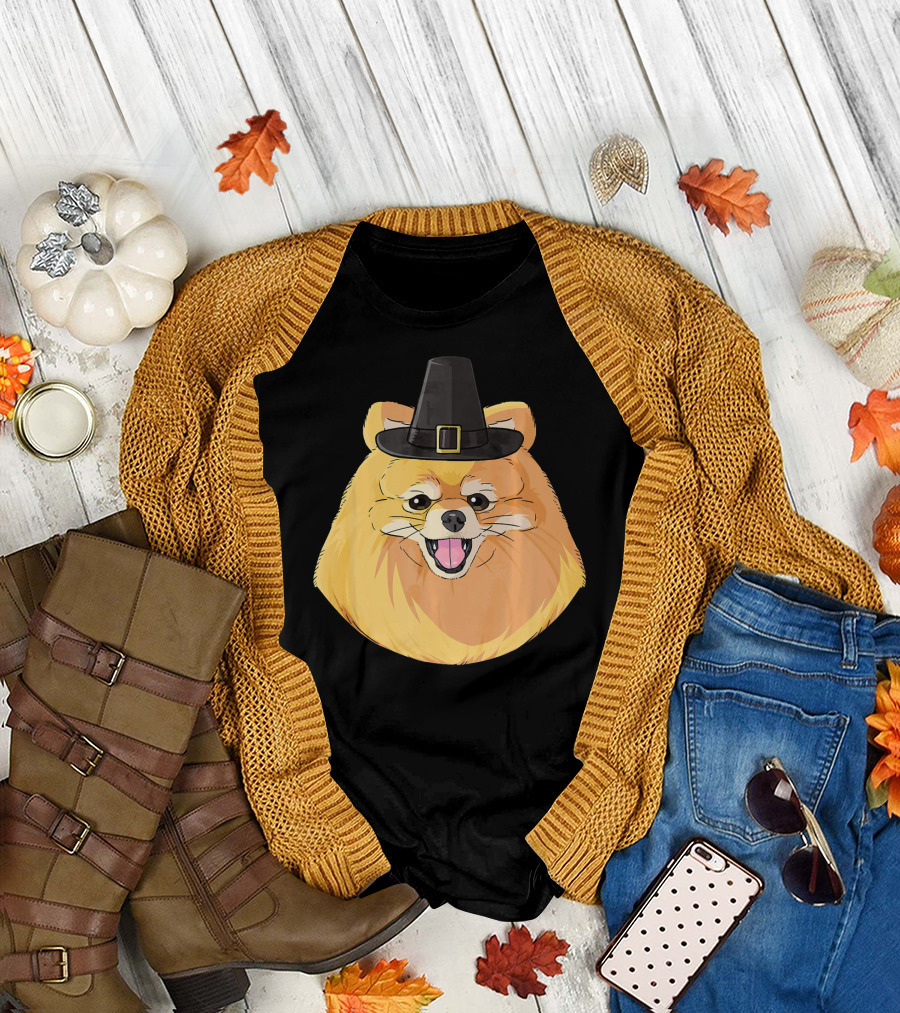 Happy Thanksgiving Pomeranian Pilgrim Hat Smiling Dog T-Shirt