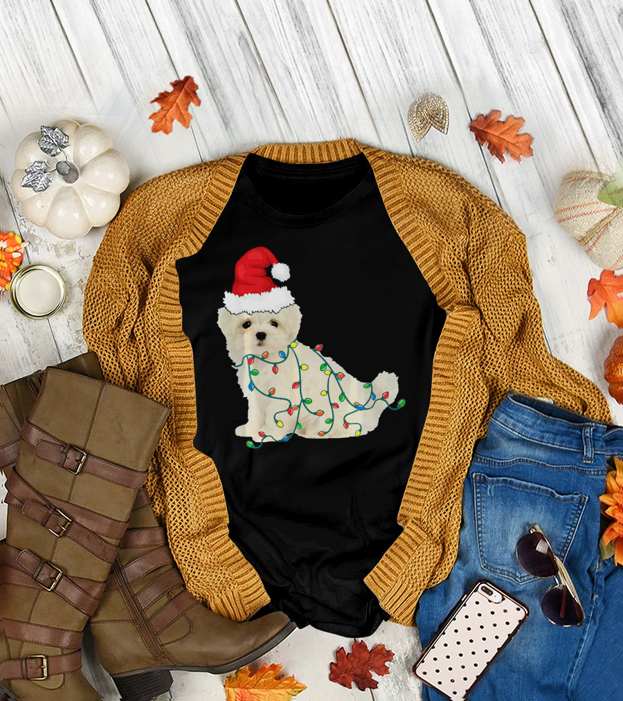 Maltese Dog Wrapped in Christmas Lights with Santa Hat T-Shirt