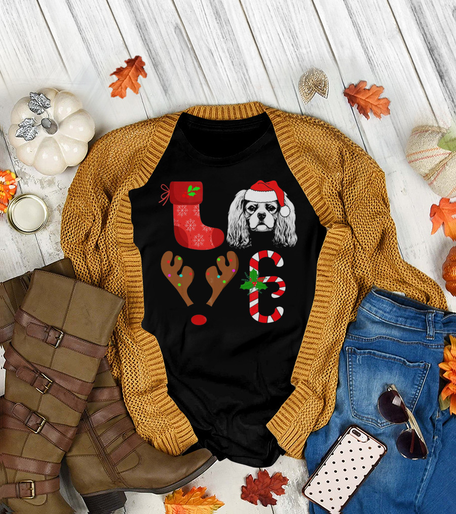 Love Cavalier King Charles Spaniel Santa Christmas Reindeer Candy Cane Stocking T-Shirt