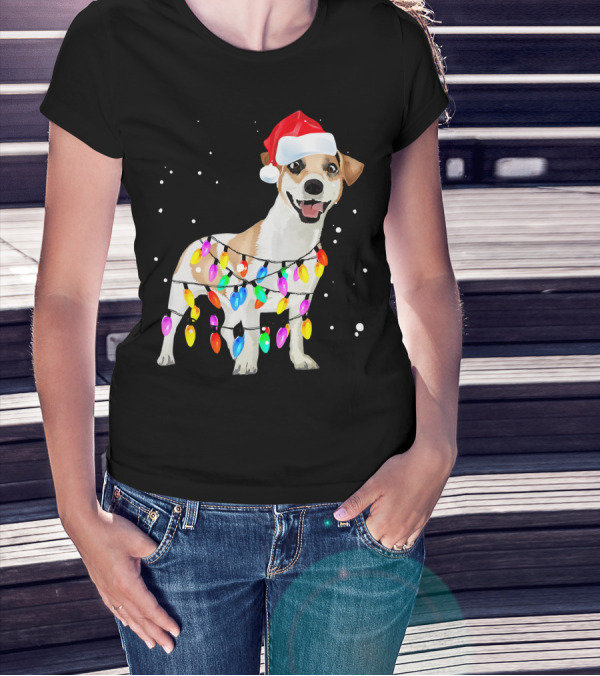 Jack Russell Terrier With Santa Hat And Christmas Lights T-Shirt