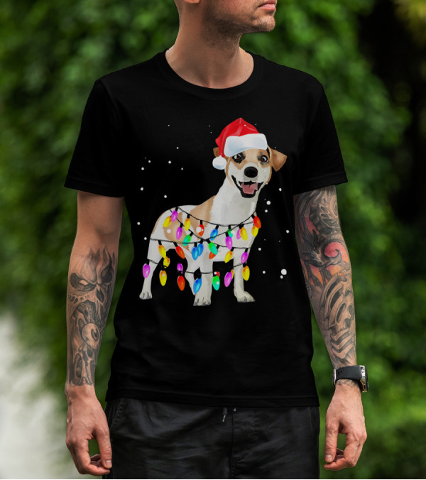 Jack Russell Terrier With Santa Hat And Christmas Lights T-Shirt