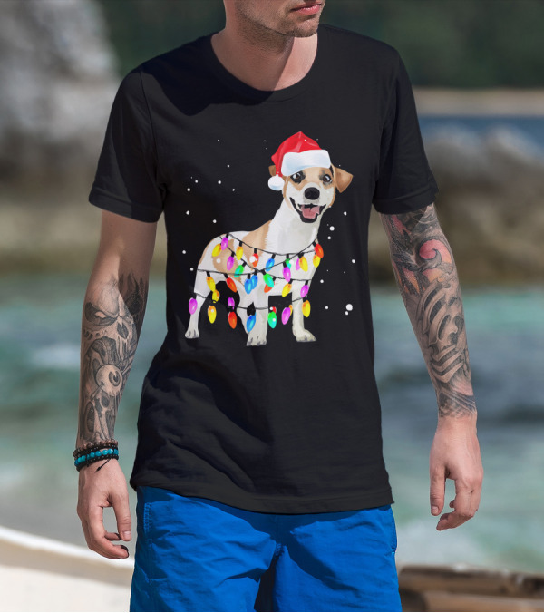 Jack Russell Terrier With Santa Hat And Christmas Lights T-Shirt
