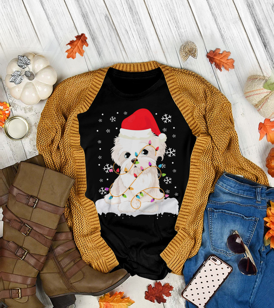 Maltese Dog with Christmas Lights and Santa Hat Surrounded by Snowflakes T-Shirt