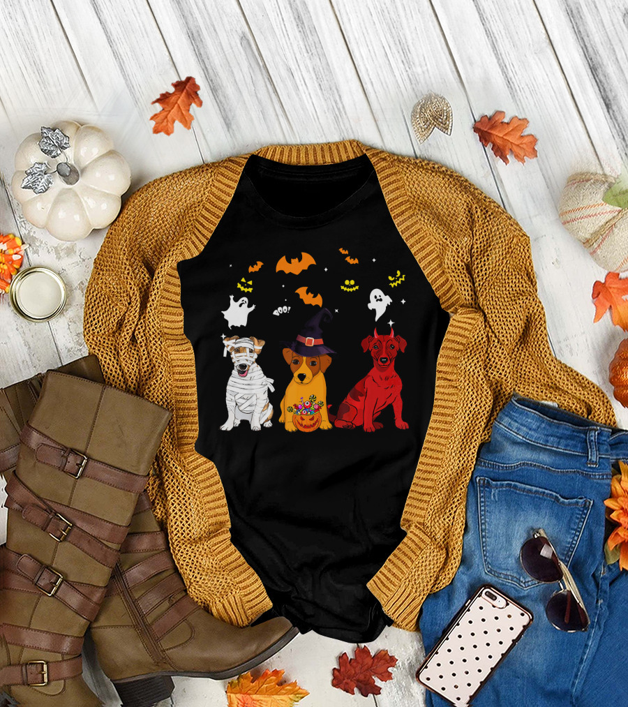 Halloween Jack Russell Dogs Lovers Mummy Witch Devil Ghosts and Bats T-Shirt