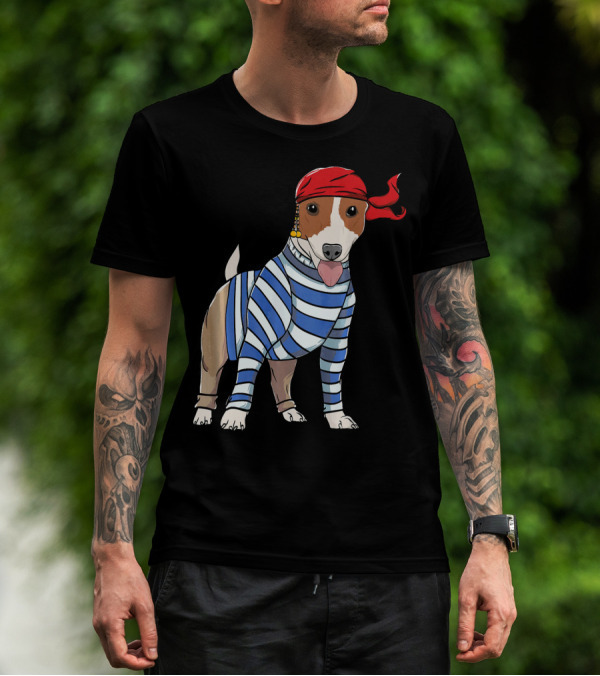 Jack Russell Terrier Dog Breeds As A Pirate With Red Bandana And Striped T-Shirt