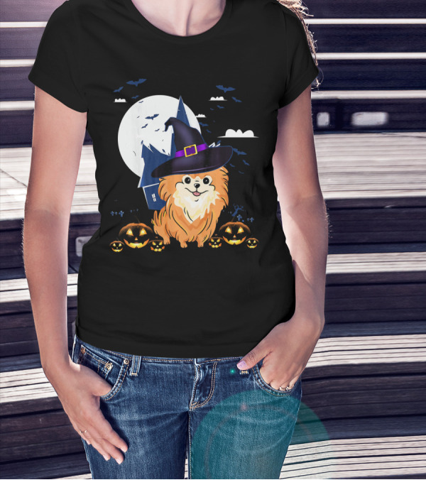 Happy Halloween Pomeranian Witch Full Moon And Jack-o'-Lanterns T-Shirt