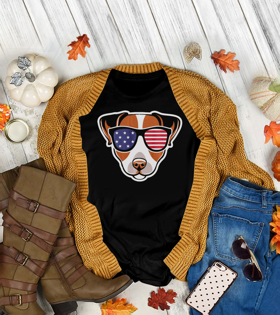 Jack Russell American Flag Sunglasses 4th of July T-Shirt