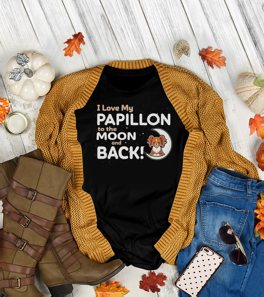 I Love My Papillon to the Moon and Back with Cute Dog and Crescent Moon T-Shirt