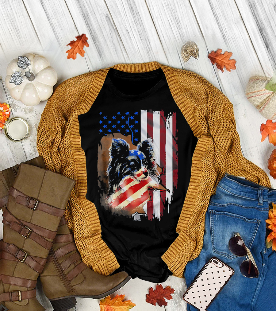 American Flag Tattoos Papillon Dog T-Shirt