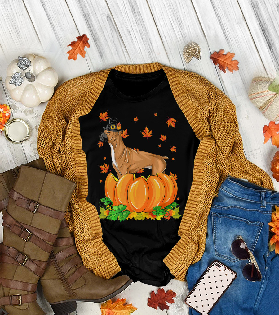 Thanksgiving Boxer Dog with Pilgrim Hat and Pumpkins Surrounded by Autumn Leaves T-Shirt