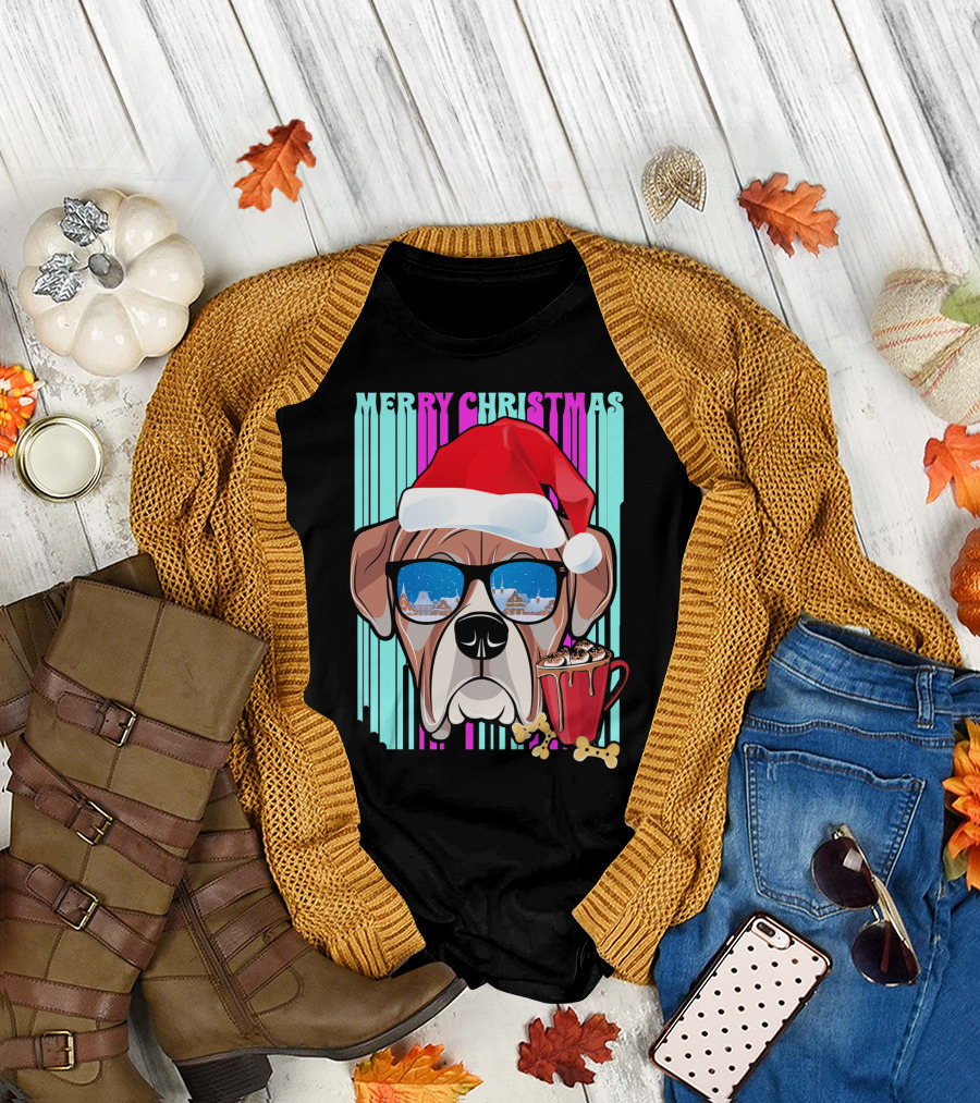 Merry Christmas Boxer Santa Hat and Hot Cocoa T-Shirt