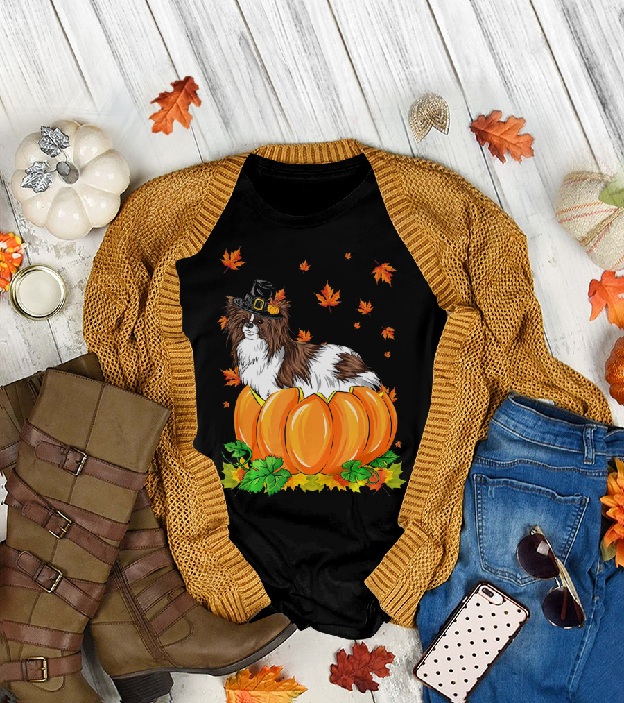 Thanksgiving Papillon Dog in Pilgrim Hat Sitting in Pumpkin with Autumn Leaves T-Shirt