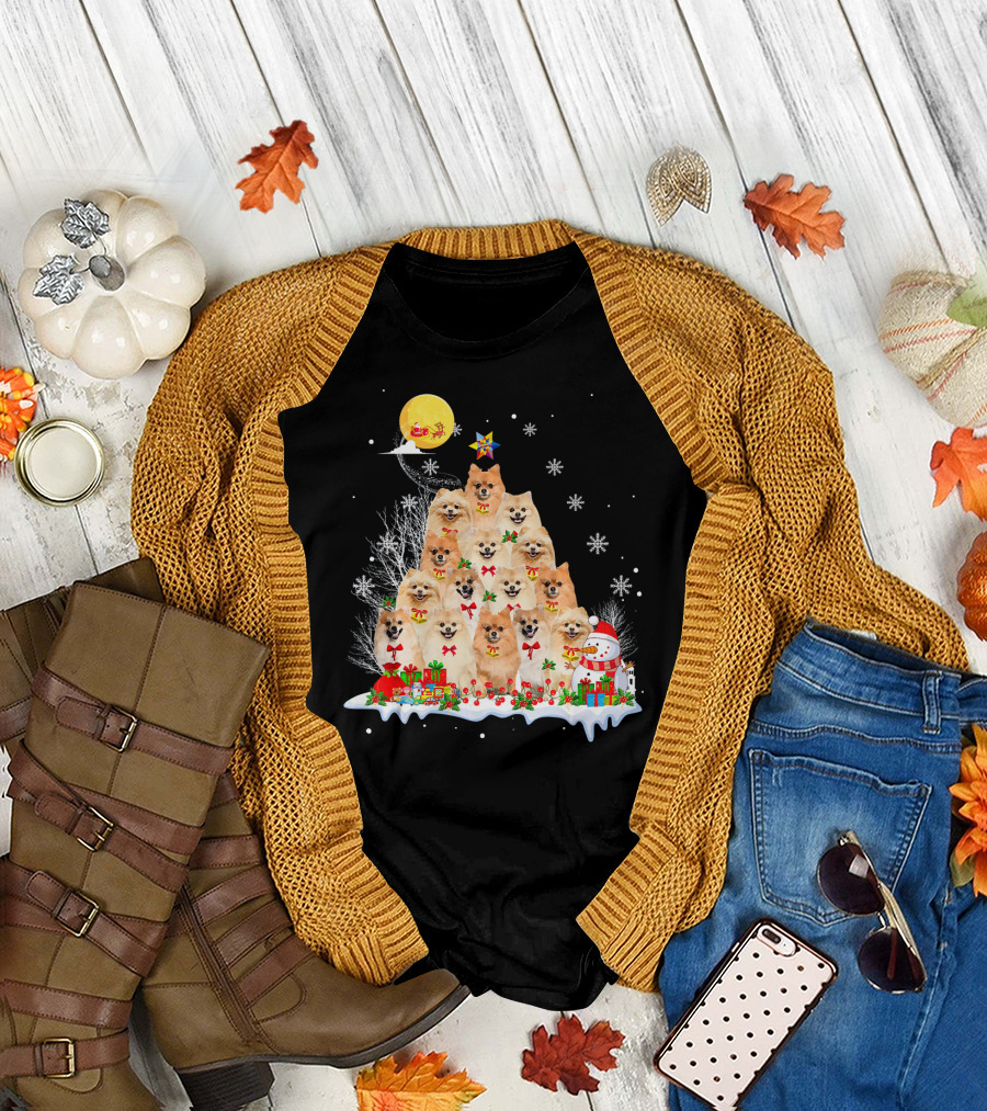 Pomeranian Dog Christmas Pyramid with Reindeer Santa and Snowman Scene T-Shirt