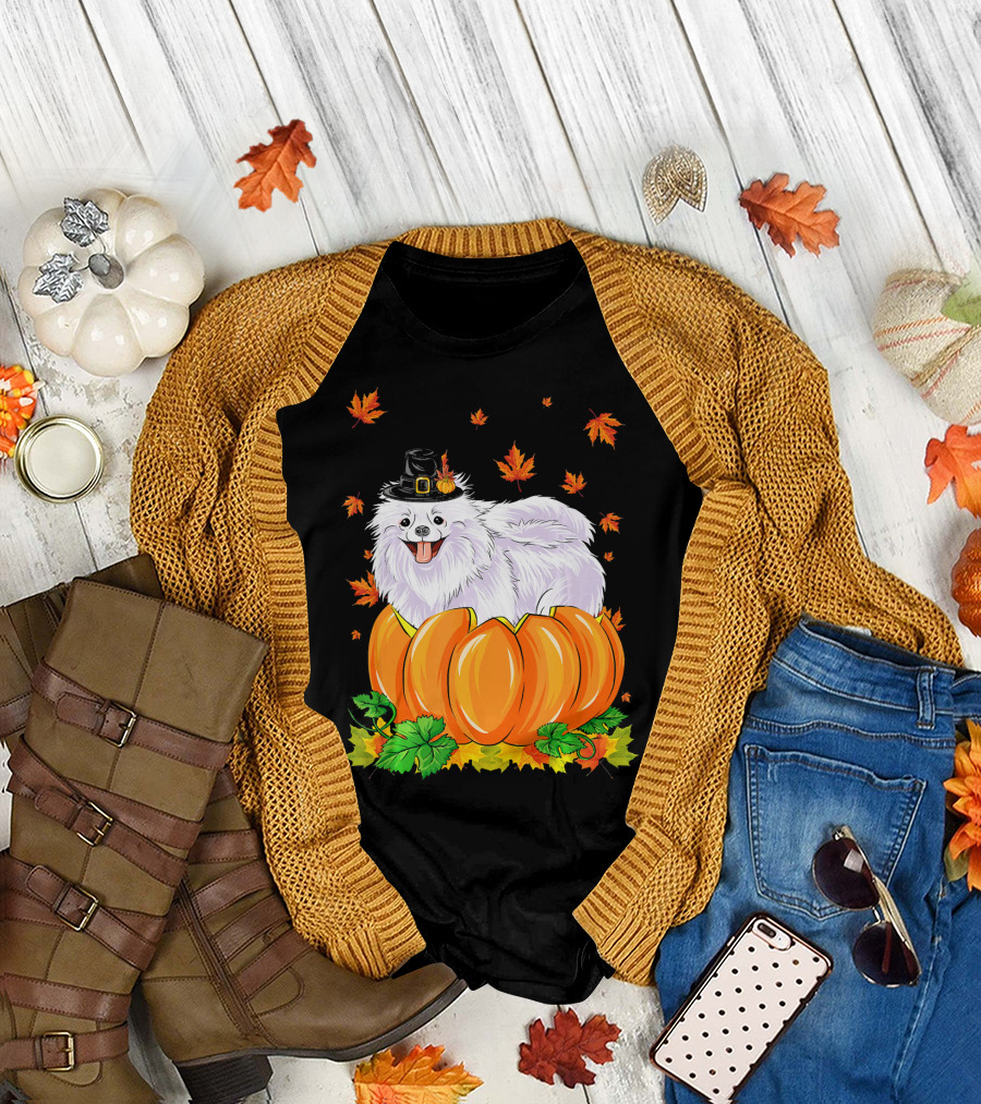 Pomeranian in Pilgrim Hat with Pumpkins and Autumn Leaves T-Shirt