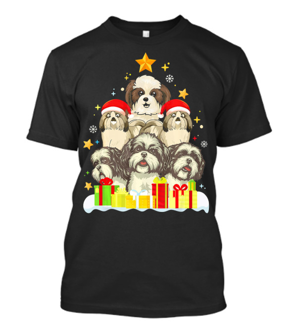 Shih Tzu Christmas Tree Holiday Celebration With Santa Hats And Gifts T-Shirt